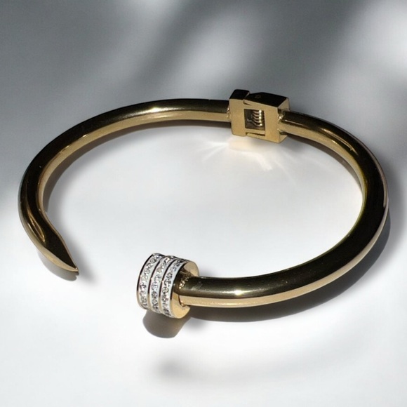 Gold Nail Clamper Bangle Bracelet With Pave Crystal Rhinestones - Picture 3 of 6